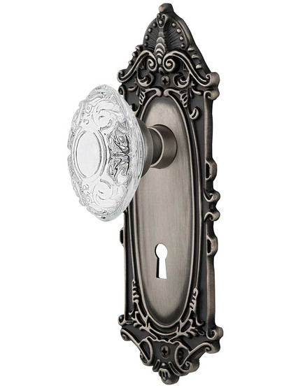Victorian Mortise-Lock Set Matching Crystal-Glass Knobs in Antique Pewter.